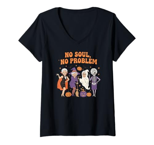Damen Keine Seele, kein Problem, Halloween, Humor, Hexen T-Shirt mit V-Ausschnitt von Halloween Witch Club Ghost Skeleton Fun