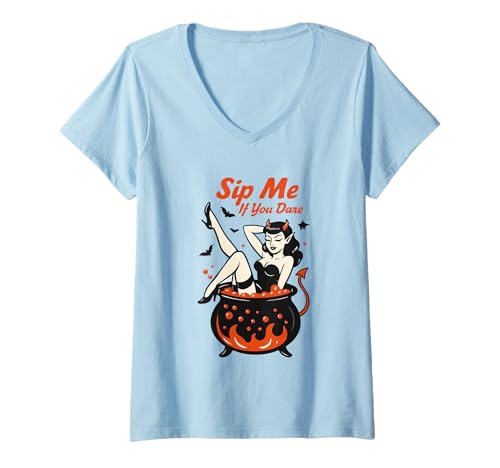 Damen Sip Me If You Dare Retro-Hexen-Design T-Shirt mit V-Ausschnitt Damen Sip Me If You Dare Retro-Hexen-Design T-Shirt mit V-Ausschnitt von Halloween Witch Devil Cauldron Humor