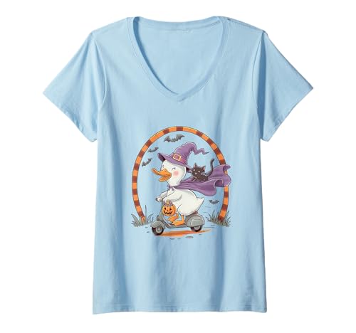 Damen Halloween Hexe Ente und Katze Reitscooter T-Shirt mit V-Ausschnitt Damen Halloween Hexe Ente und Katze Reitscooter T-Shirt mit V-Ausschnitt von Halloween Witch Duck Cat Bats Scootering
