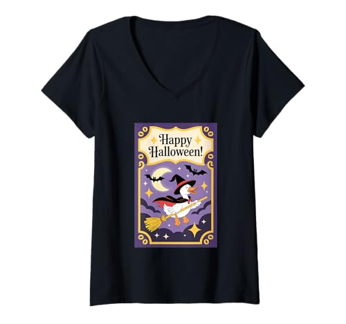 Damen Fliegender Besenstiel Happy Halloween Witch Ente T-Shirt mit V-Ausschnitt Damen Fliegender Besenstiel Happy Halloween Witch Ente T-Shirt mit V-Ausschnitt von Halloween Witch Duck Moon Broomstick Fun