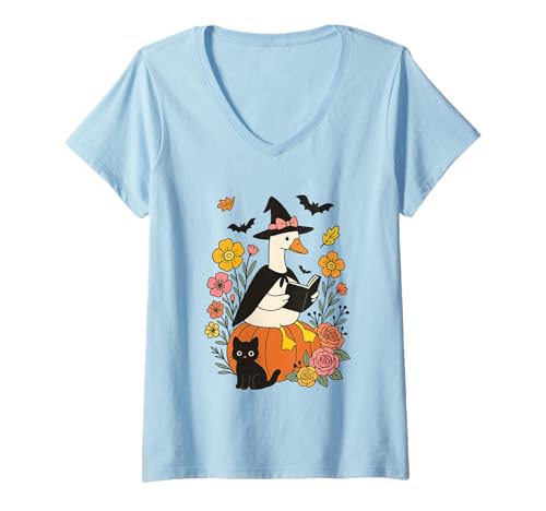 Damen Hexenente liest auf Kürbis mit schwarzer Katze T-Shirt mit V-Ausschnitt Damen Hexenente liest auf Kürbis mit schwarzer Katze T-Shirt mit V-Ausschnitt von Halloween Witch Duck Pumpkin Black Cat Flowers