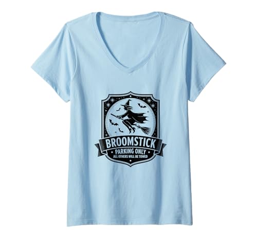 Damen Besenstiel Parking Only Witch Flying T-Shirt mit V-Ausschnitt Damen Besenstiel Parking Only Witch Flying T-Shirt mit V-Ausschnitt von Halloween Witch Flying Broomstick Fun Art