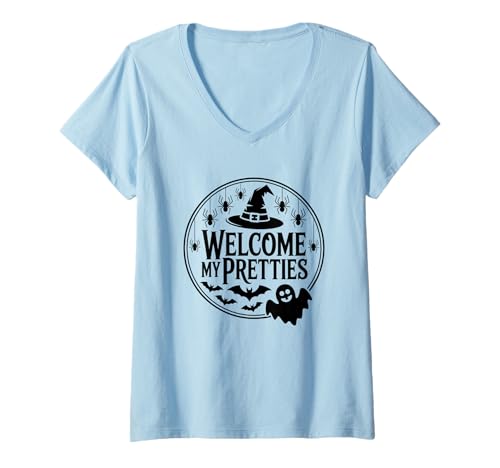 Damen Willkommen My Pretties Halloween Witch Fun T-Shirt mit V-Ausschnitt Damen Willkommen My Pretties Halloween Witch Fun T-Shirt mit V-Ausschnitt von Halloween Witch Ghost Spider Bat Fun