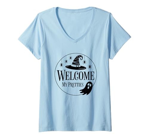 Damen Welcome My Pretties Hexenhut Ghost Spooky Phrase T-Shirt mit V-Ausschnitt Damen Welcome My Pretties Hexenhut Ghost Spooky Phrase T-Shirt mit V-Ausschnitt von Halloween Witch Ghost Spooky Designs For Fun