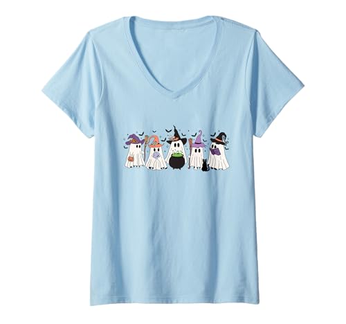 Damen Cute Ghost Spooky Squad Halloween Hexe T-Shirt mit V-Ausschnitt Damen Cute Ghost Spooky Squad Halloween Hexe T-Shirt mit V-Ausschnitt von Halloween Witch Ghost Spooky Squad