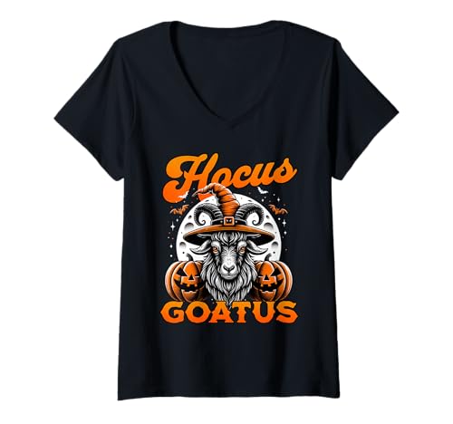Damen Hocus Ziege Kürbis Halloween Hexe Ziege T-Shirt mit V-Ausschnitt Damen Hocus Ziege Kürbis Halloween Hexe Ziege T-Shirt mit V-Ausschnitt von Halloween Witch Goat Pumpkin