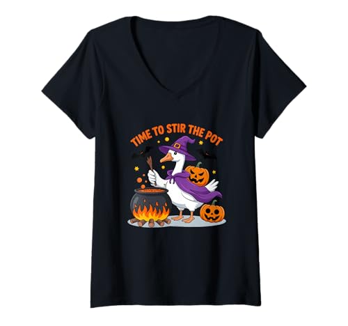 Damen Zeit, den Topf zu rühren, Hexe, Goose, Halloween T-Shirt mit V-Ausschnitt Damen Zeit, den Topf zu rühren, Hexe, Goose, Halloween T-Shirt mit V-Ausschnitt von Halloween Witch Goose Fun Magic Festive