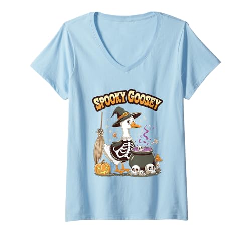 Damen Gruselige Goosey Hexe Skelett Kessel Magie T-Shirt mit V-Ausschnitt Damen Gruselige Goosey Hexe Skelett Kessel Magie T-Shirt mit V-Ausschnitt von Halloween Witch Goose Skeleton Fantasy Vibes