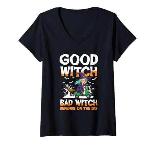 Damen Gute Hexe Böse Hexe hängt vom Halloween-Tag ab T-Shirt mit V-Ausschnitt Damen Gute Hexe Böse Hexe hängt vom Halloween-Tag ab T-Shirt mit V-Ausschnitt von Halloween Witch Humor Spooky Broomstick Rider