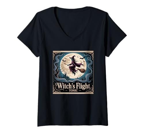 Damen Witch's Flight Tonic Gruselige magische Nachtszene T-Shirt mit V-Ausschnitt Damen Witch's Flight Tonic Gruselige magische Nachtszene T-Shirt mit V-Ausschnitt von Halloween Witch Magic Broomstick Fantasy Night