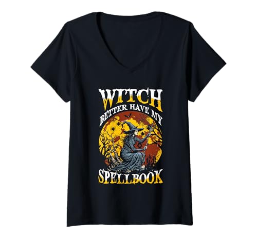 Damen Die Hexe hat Besser Mein Zauberbuch, Halloween-Mond-Szene T-Shirt mit V-Ausschnitt Damen Die Hexe hat Besser Mein Zauberbuch, Halloween-Mond-Szene T-Shirt mit V-Ausschnitt von Halloween Witch Occult Magic Vintage Gothic Moon
