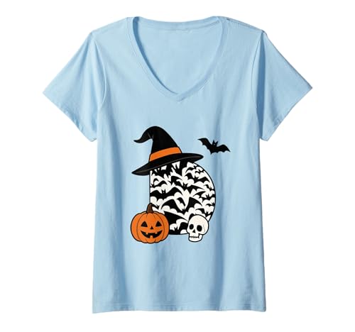Damen Gruseliges Halloween-Hexen-Kürbis-Schädel-Design T-Shirt mit V-Ausschnitt Damen Gruseliges Halloween-Hexen-Kürbis-Schädel-Design T-Shirt mit V-Ausschnitt von Halloween Witch Pumpkin Bat Skull Festival