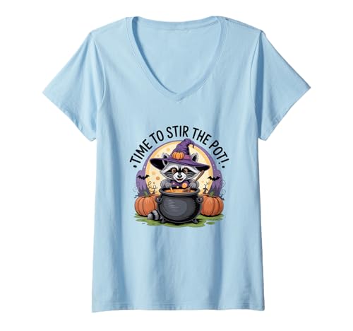 Damen Time to Stir The Pot Waschbär Hexe Halloween T-Shirt mit V-Ausschnitt Damen Time to Stir The Pot Waschbär Hexe Halloween T-Shirt mit V-Ausschnitt von Halloween Witch Raccoon Stirring Cauldron