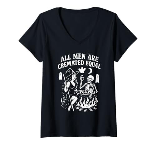 Damen Lustiger Halloween Hexe Skelett Geister Kessel T-Shirt mit V-Ausschnitt Damen Lustiger Halloween Hexe Skelett Geister Kessel T-Shirt mit V-Ausschnitt von Halloween Witch Skeleton Ghosts Cauldron-TycoonTee