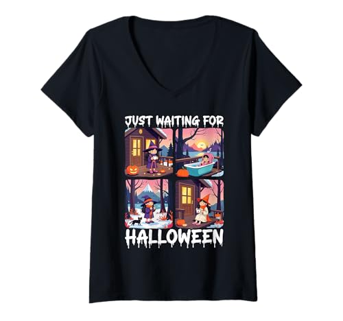 Damen Cute Witch Just Waiting for Halloween Spooky Autumn T-Shirt mit V-Ausschnitt Damen Cute Witch Just Waiting for Halloween Spooky Autumn T-Shirt mit V-Ausschnitt von Halloween Witch Waiting Costume Men Women Kid