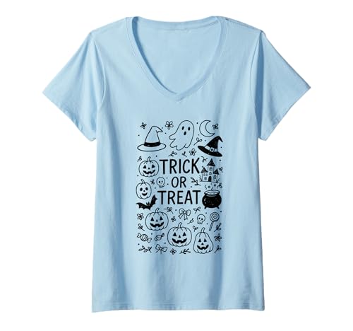 Damen Kürbis-Halloween, Köstüm, Halloween-Doodle-Fun, Halloween T-Shirt mit V-Ausschnitt Damen Kürbis-Halloween, Köstüm, Halloween-Doodle-Fun, Halloween T-Shirt mit V-Ausschnitt von Halloween Witches Gothic Clothing Accessories Gift