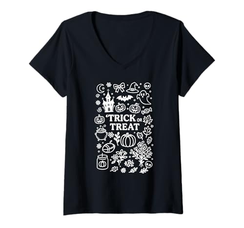 Damen Kürbis-Halloween, Köstüm Halloween-Doodle-Design, Halloween T-Shirt mit V-Ausschnitt Damen Kürbis-Halloween, Köstüm Halloween-Doodle-Design, Halloween T-Shirt mit V-Ausschnitt von Halloween Witches Gothic Clothing Accessories Gift