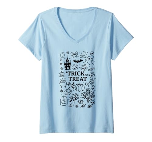 Damen Kürbis-Halloween, Köstüm Halloween-Doodle-Design, Halloween T-Shirt mit V-Ausschnitt Damen Kürbis-Halloween, Köstüm Halloween-Doodle-Design, Halloween T-Shirt mit V-Ausschnitt von Halloween Witches Gothic Clothing Accessories Gift