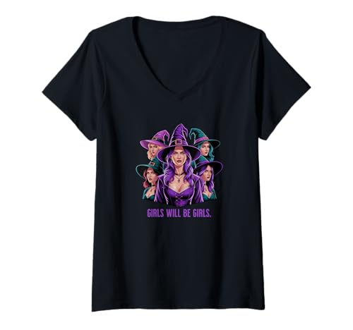 Damen Mädchen Hexen lila T-Shirt mit V-Ausschnitt Damen Mädchen Hexen lila T-Shirt mit V-Ausschnitt von Halloween Witches