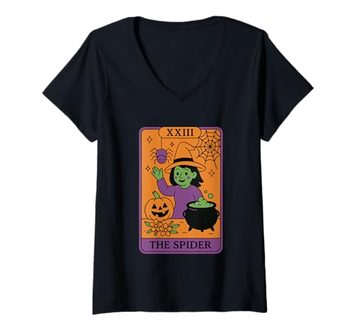Damen XXIII Die Spinne Hexe Halloween-Karte T-Shirt mit V-Ausschnitt Damen XXIII Die Spinne Hexe Halloween-Karte T-Shirt mit V-Ausschnitt von Halloween Witchy Tarot Card Vintage Style