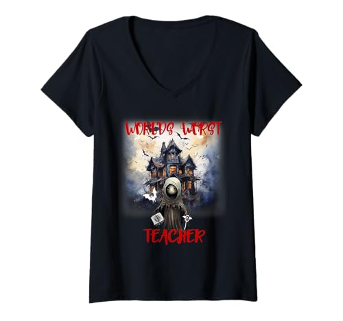 Damen Halloween-Ghul Lustige Satire Gruseliger schlechtester Lehrer der Welt T-Shirt mit V-Ausschnitt von Halloween World's Worst Teacher Sapphire Star