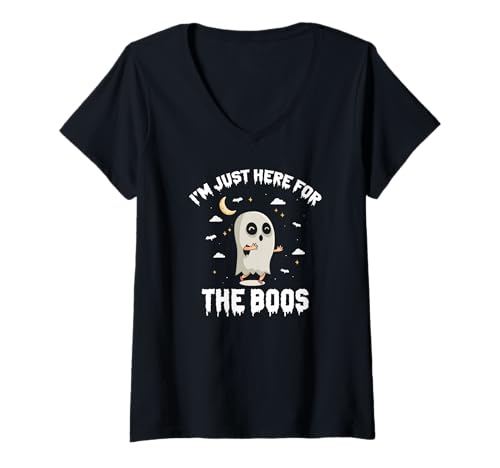 Damen Hier Wegen Der Spuklust Lustiger Halloween Spruch T-Shirt mit V-Ausschnitt Damen Hier Wegen Der Spuklust Lustiger Halloween Spruch T-Shirt mit V-Ausschnitt von Halloween Wortspiele Für Geisterfans