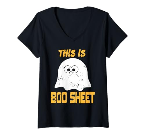 Damen Dies ist Boo Sheet Lustiger Geistwortspiel Humor T-Shirt mit V-Ausschnitt von Halloween Wortwitz für sarkastische Leute