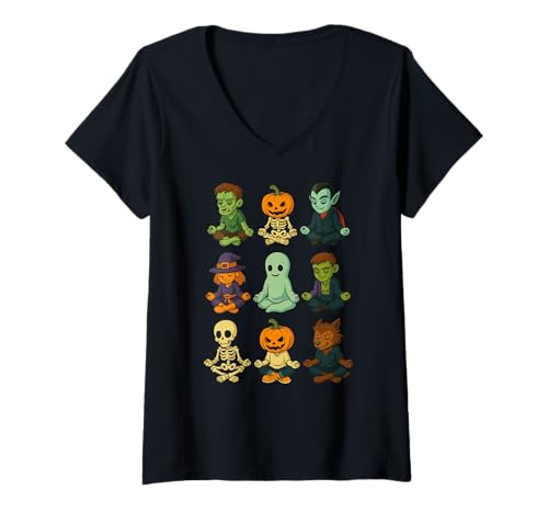 Damen Halloween Spooky Yoga Meditation Monster Skelett Lustig T-Shirt mit V-Ausschnitt Damen Halloween Spooky Yoga Meditation Monster Skelett Lustig T-Shirt mit V-Ausschnitt von Halloween Yoga Gruselige Meditation Geist Kürbis