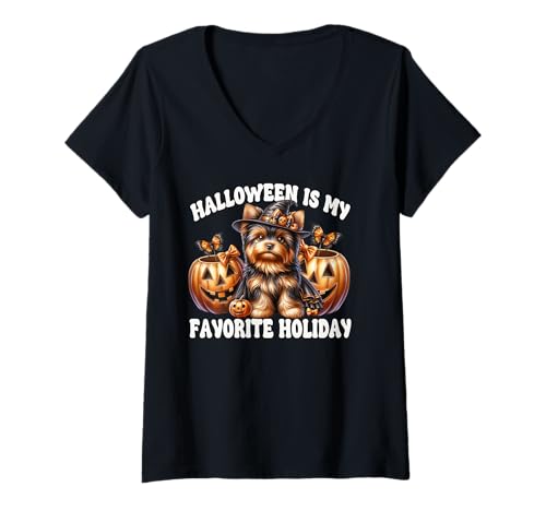 Damen Halloween is My Favorite Holiday Graphic for Yorkie Mom T-Shirt mit V-Ausschnitt von Halloween Yorkshire Terrier Gifts For Yorkie Mom