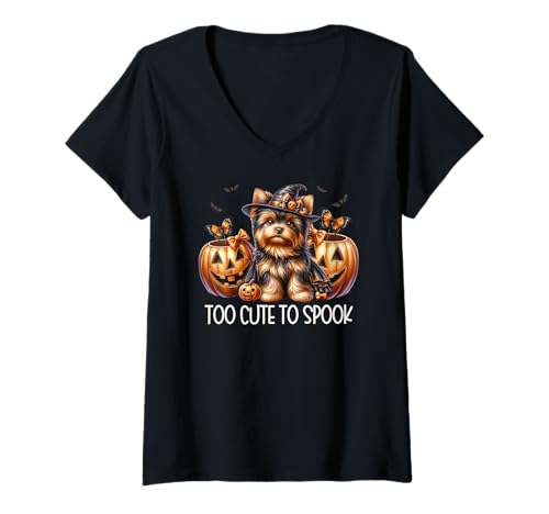 Damen Pumpkins and Bats Halloween Yorkie is Too Cute to Spook T-Shirt mit V-Ausschnitt von Halloween Yorkshire Terrier Gifts For Yorkie Mom