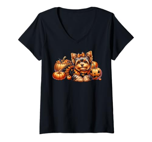 Damen Yorkie Mom Graphic for Women Cute Halloween Dog Lover T-Shirt mit V-Ausschnitt von Halloween Yorkshire Terrier Gifts For Yorkie Mom