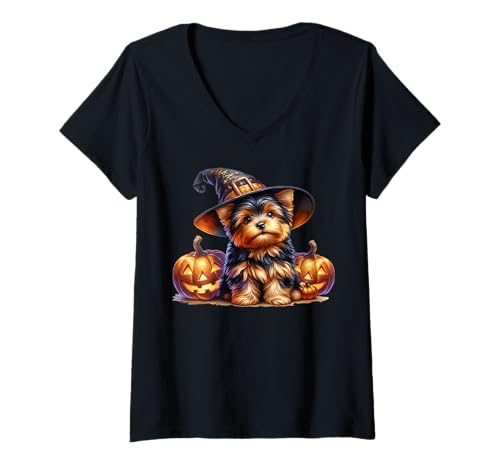 Damen Yorkshire Terrier Dog Graphic for Women Halloween Yorkie T-Shirt mit V-Ausschnitt von Halloween Yorkshire Terrier Gifts For Yorkie Mom