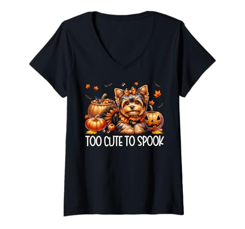 Damen Yorkshire Terrier Graphic for Women Girls Too Cute to Spook T-Shirt mit V-Ausschnitt von Halloween Yorkshire Terrier Gifts For Yorkie Mom