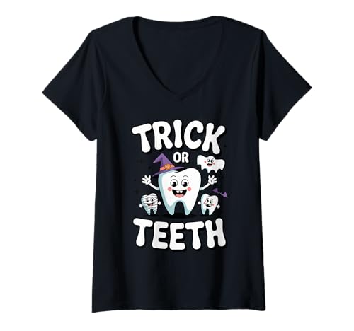 Damen Trick Or Teeth Halloween Zahn Monster T-Shirt mit V-Ausschnitt Damen Trick Or Teeth Halloween Zahn Monster T-Shirt mit V-Ausschnitt von Halloween Zahn Spaß Süßes Oder Saures