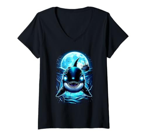 Damen Zombie Orca Whale Creepy Halloween Costome Spooky Season T-Shirt mit V-Ausschnitt Damen Zombie Orca Whale Creepy Halloween Costome Spooky Season T-Shirt mit V-Ausschnitt von Halloween Zombie Creepy By Gnineza