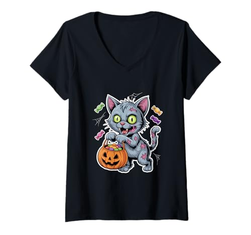 Damen Zombie Katze Mit Kuerbis Eimer Halloween Suesser Beute T-Shirt mit V-Ausschnitt Damen Zombie Katze Mit Kuerbis Eimer Halloween Suesser Beute T-Shirt mit V-Ausschnitt von Halloween Zombie Katze Kuerbis Suesses Oder Saures