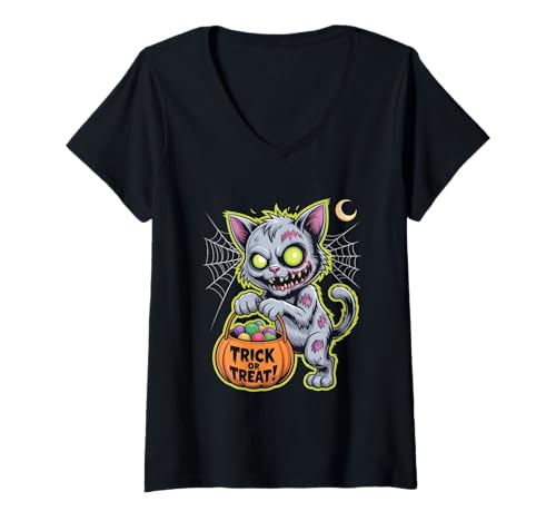 Damen Trick Or Treat Halloween Zombie Katze Süßes Oder Saures T-Shirt mit V-Ausschnitt Damen Trick Or Treat Halloween Zombie Katze Süßes Oder Saures T-Shirt mit V-Ausschnitt von Halloween Zombie Katze Spuk Nacht Süßes Saures