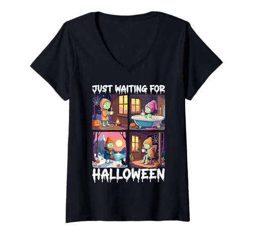 Damen Cute Zombie Just Waiting for Halloween Spooky Autumn T-Shirt mit V-Ausschnitt Damen Cute Zombie Just Waiting for Halloween Spooky Autumn T-Shirt mit V-Ausschnitt von Halloween Zombie Waiting Costume Men Women Kid