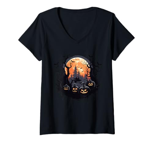 Damen Gruselige Waldkürbisse Spukbäume Fledermäuse gruseliges Halloween T-Shirt mit V-Ausschnitt Damen Gruselige Waldkürbisse Spukbäume Fledermäuse gruseliges Halloween T-Shirt mit V-Ausschnitt von Halloween and Spooky Pumpkin Night