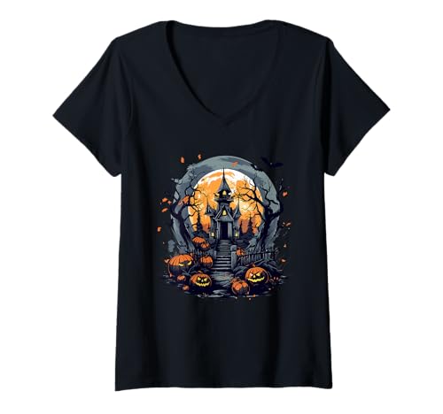 Damen Gruseliges Spukhaus Kürbisse Mond Fledermäuse gruselig Halloween T-Shirt mit V-Ausschnitt Damen Gruseliges Spukhaus Kürbisse Mond Fledermäuse gruselig Halloween T-Shirt mit V-Ausschnitt von Halloween and Spooky Pumpkin Night