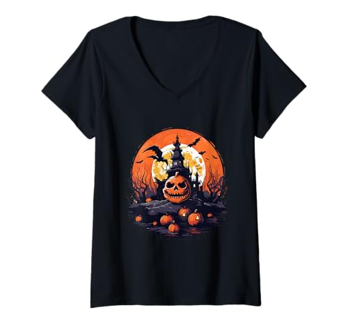 Damen Haunted Castle Skull Kürbisfledermäuse Gruselige Bäume Gruselig T-Shirt mit V-Ausschnitt Damen Haunted Castle Skull Kürbisfledermäuse Gruselige Bäume Gruselig T-Shirt mit V-Ausschnitt von Halloween and Spooky Pumpkin Night