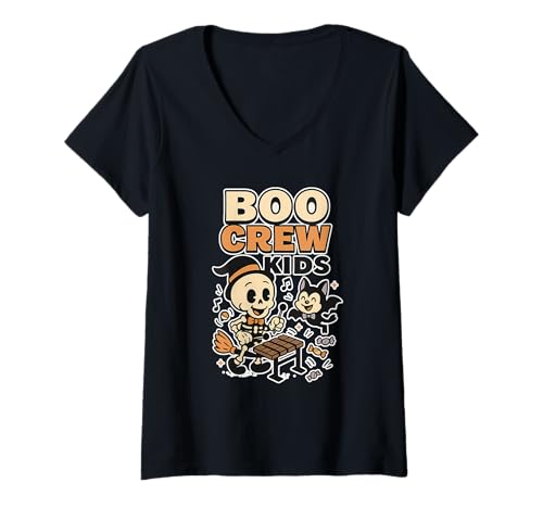 Damen Boo Crew Kinder-Skelett-Band T-Shirt mit V-Ausschnitt Damen Boo Crew Kinder-Skelett-Band T-Shirt mit V-Ausschnitt von Halloween boo crew kids spooky band cute skeleton