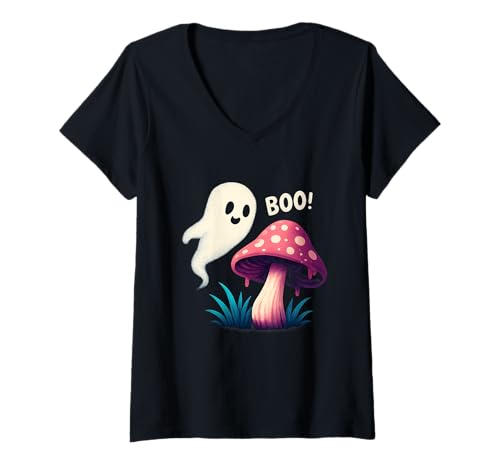 Damen Boo Ghost Pilzkunst T-Shirt mit V-Ausschnitt Damen Boo Ghost Pilzkunst T-Shirt mit V-Ausschnitt von Halloween boo ghost mushroom art spooky cute