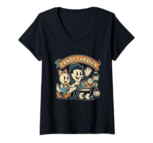 Damen Candy Caravan Ghost Wagon Blaugrün T-Shirt mit V-Ausschnitt Damen Candy Caravan Ghost Wagon Blaugrün T-Shirt mit V-Ausschnitt von Halloween candy caravan ghost wagon teal green