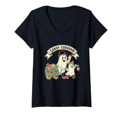 Damen Candy Caravan Ghost Parade T-Shirt mit V-Ausschnitt Damen Candy Caravan Ghost Parade T-Shirt mit V-Ausschnitt von Halloween candy caravan ghost wagon trick treat