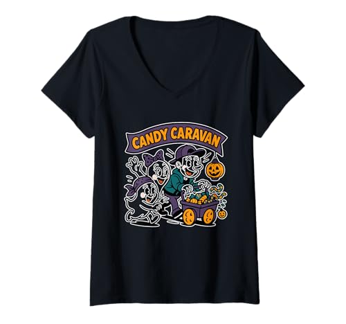 Damen Candy Caravan Ghost Wagon Violett T-Shirt mit V-Ausschnitt Damen Candy Caravan Ghost Wagon Violett T-Shirt mit V-Ausschnitt von Halloween candy caravan ghost wagon trick treat