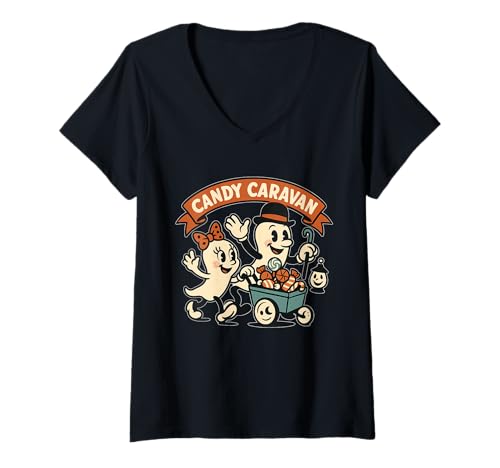 Damen Candy Caravan Ghost Wagon Orange T-Shirt mit V-Ausschnitt Damen Candy Caravan Ghost Wagon Orange T-Shirt mit V-Ausschnitt von Halloween candy caravan sweets wagon orange spooky