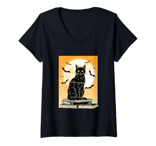Damen Schwarze Katze Mond & Fledermäuse Retro T-Shirt mit V-Ausschnitt Damen Schwarze Katze Mond & Fledermäuse Retro T-Shirt mit V-Ausschnitt von Halloween cat moon bats books witchy spooky