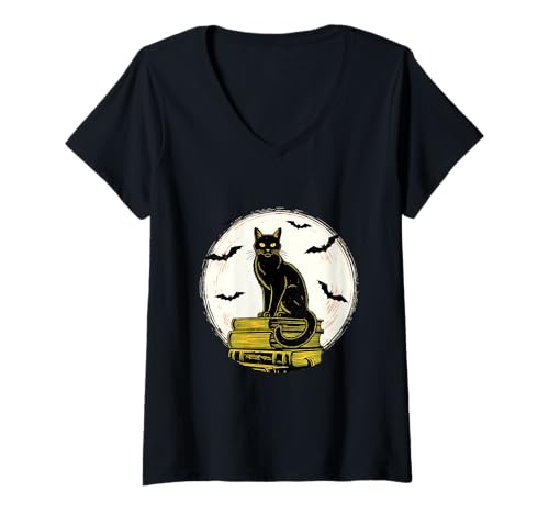 Damen Vintage Black Cat Moon Bücher T-Shirt mit V-Ausschnitt Damen Vintage Black Cat Moon Bücher T-Shirt mit V-Ausschnitt von Halloween cat moon bats occult vintage spooky