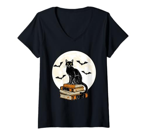 Damen Black Cat Books Vollmond T-Shirt mit V-Ausschnitt Damen Black Cat Books Vollmond T-Shirt mit V-Ausschnitt von Halloween cat moon bats spell books spooky